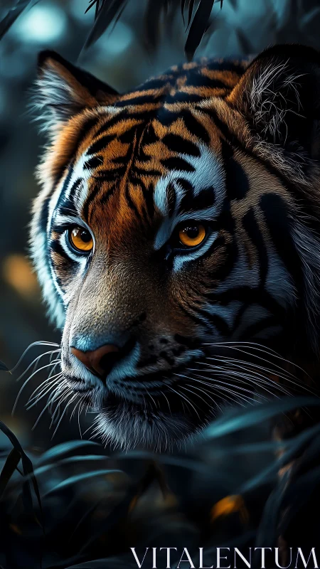 Cinematic close-up of a tiger in moody, high-contrast lighting