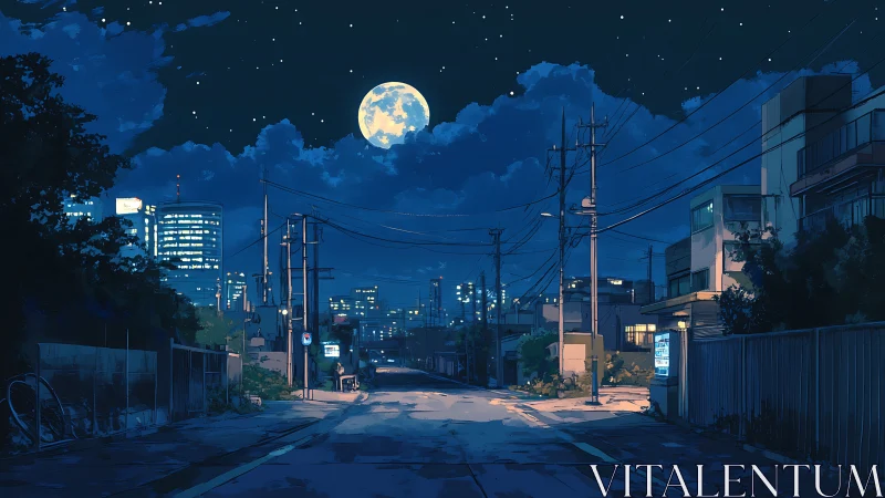 Quiet suburban street under bright full moon at night.