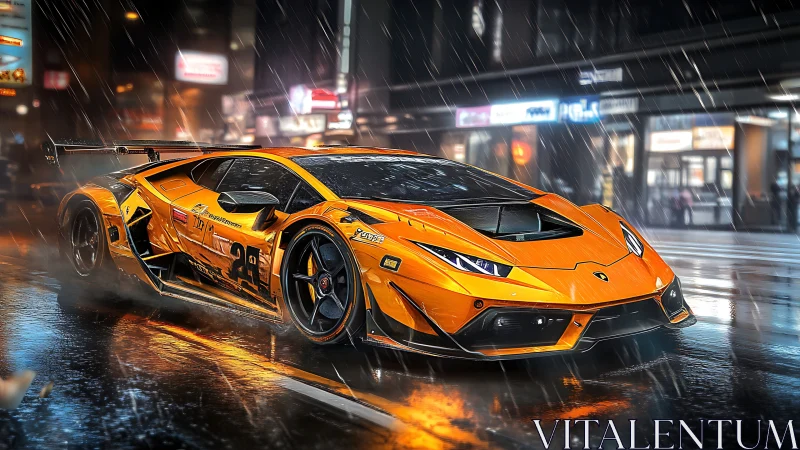 Orange GT race car cuts through neon-lit rain-soaked boulevard