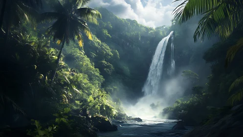 Sunlit tropical waterfall cuts through dense emerald jungle.