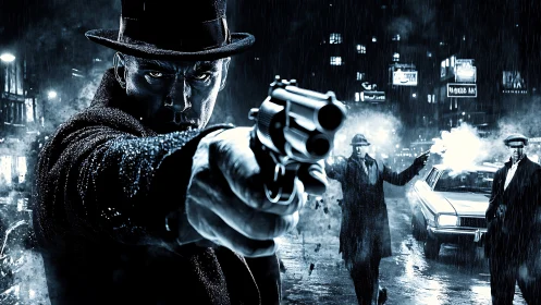 Noir gunman points revolver in dark rainy city street.