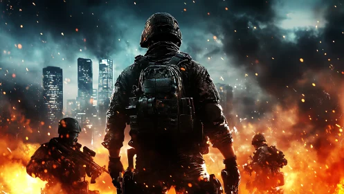 Armored soldier advances through blazing urban battlefield