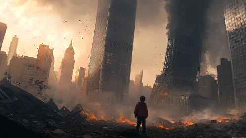 Lone survivor watches burning skyscrapers collapse at dusk