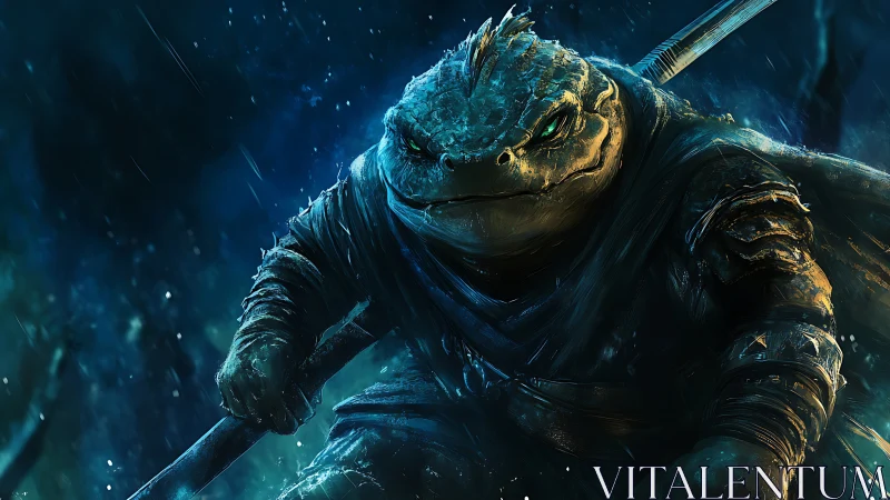 Stormborn Toad Warrior Stalking Through Neon Rainfall Night.