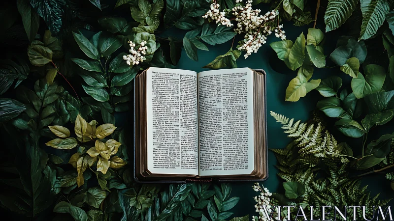 Open antique book rests amid dense botanical foliage