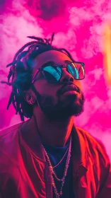 Neon clouds crown a reflective dreamer in electric magenta haze