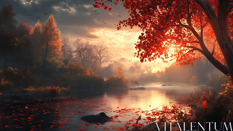 Golden river sunset under a canopy of autumn fire.