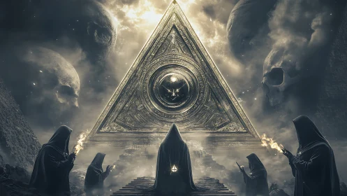 Hooded figures surround glowing pyramid portal in misty void
