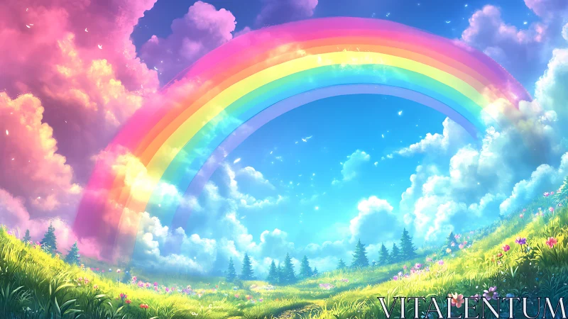 Vivid rainbow arch over bright meadow and glowing clouds.
