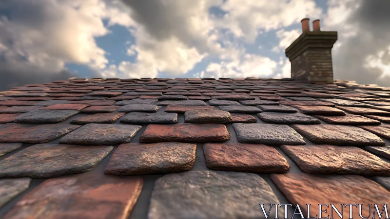 Weathered clay roof tiles meet sky and chimney.