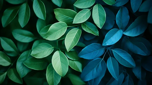 Green and blue foliage pattern with contrasting leaf tones.