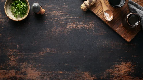 Seasoning workspace on distressed dark timber surface.