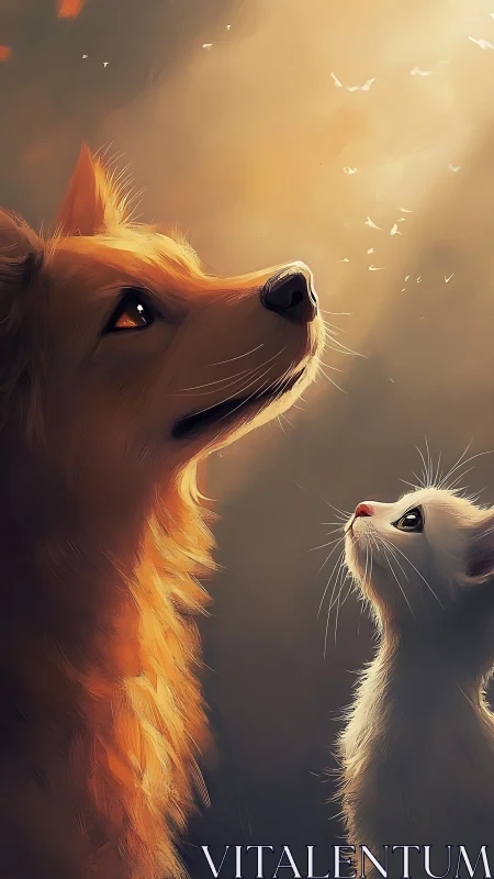 A Golden Dog and White Cat Share a Moment Together.