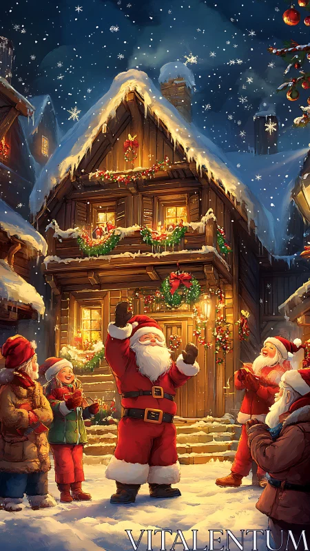 Snowy Christmas street scene with Santa and children celebrating