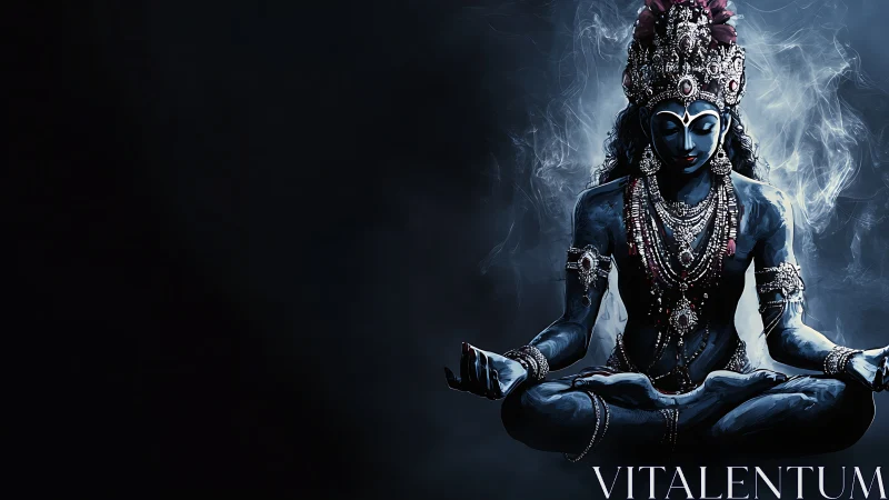 Blue multi-armed deity in seated meditative posture at center.