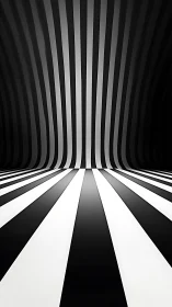 Monochrome striped tunnel curves into deep abstract space.