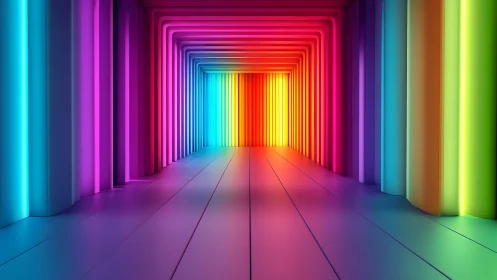 Futuristic tunnel with glowing rainbow neon lights, digital art style.