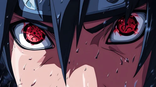 Intense close up of anime warrior with glowing red eyes.
