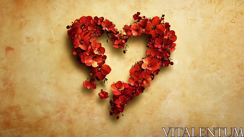 Floral Heart Composition: Red Flowers on Textured Backdrop.