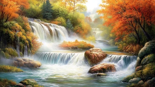 Gentle autumn waterfalls flowing through a glowing forest valley.