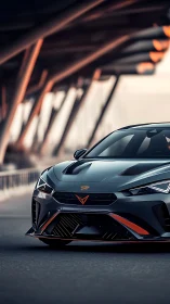 Sleek graphite supercar idles under a modern urban overpass