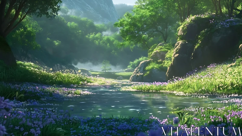 Gentle riverside meadow where sunlight and wildflowers meet.