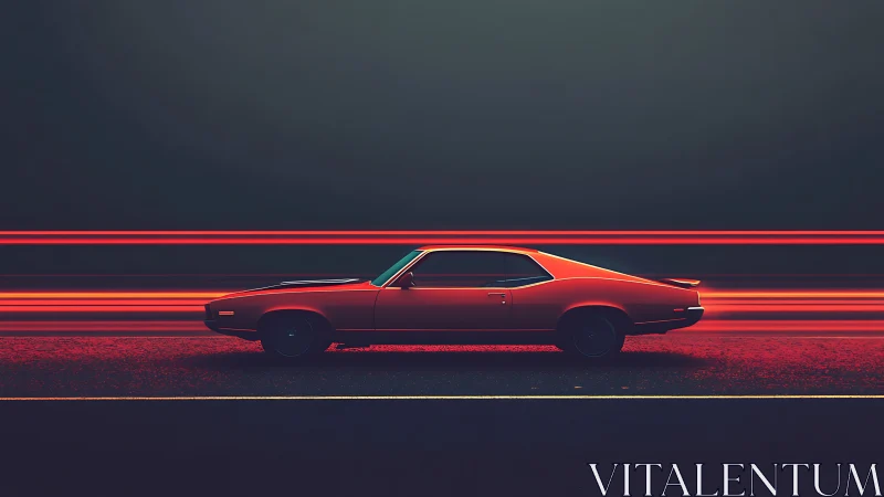 Red muscle car profile with motion light trails at night.