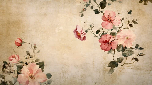 Vintage blush florals drifting across aged canvas wall.