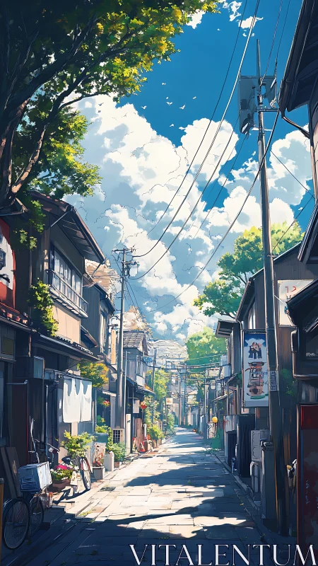 Quiet summer alley breathing under watercolor skies.