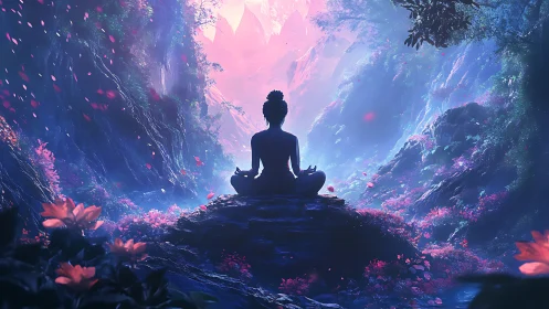 Silhouette meditating on rock in luminous forest valley.