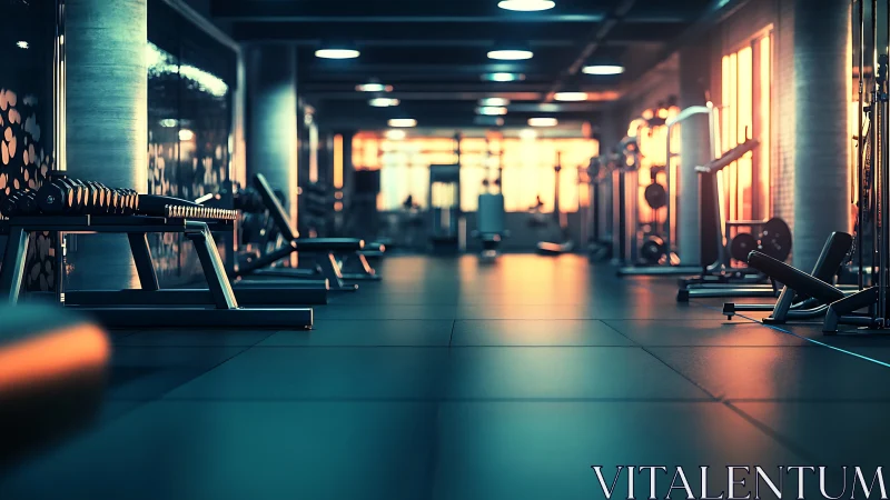 Empty modern gym interior shows equipment in warm lighting