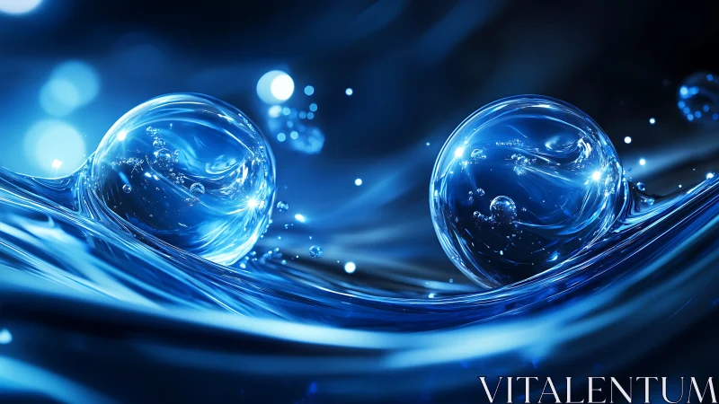 Glistening blue water orbs drifting on luminous waves.