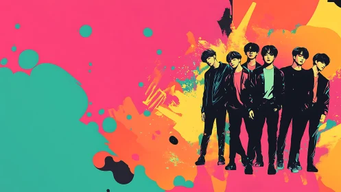 Digital group illustration on neon multicolor abstract field.