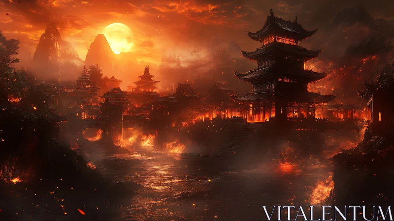 Ancient mountain city burns beneath a blazing apocalyptic sun