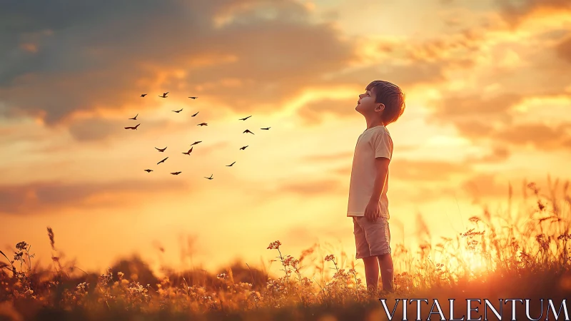 Boy standing in sunset field observing distant flying birds.