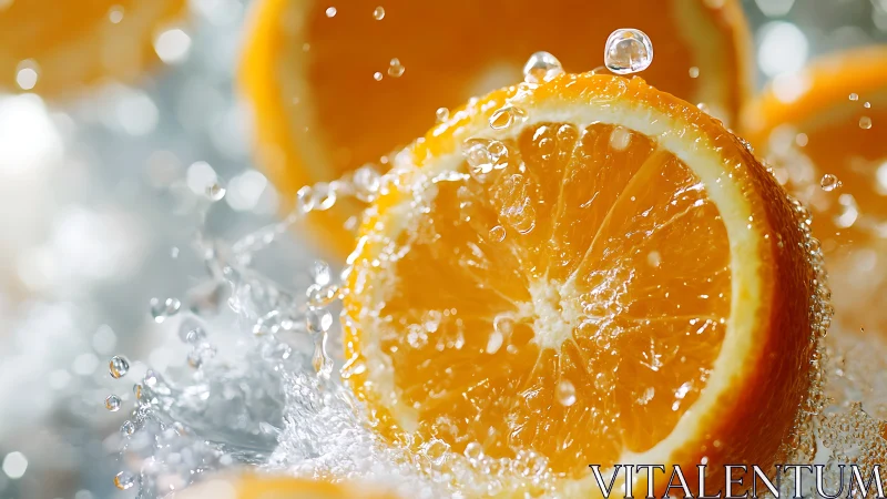 Macro orange slices in dynamic water splash with shallow depth