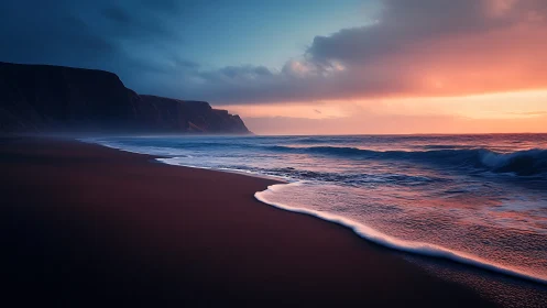 Twilight surf whispers along ember-lit volcanic shoreline.