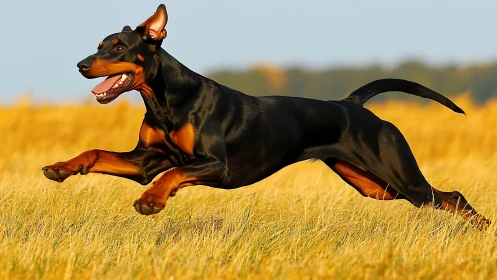 Doberman in full sprint across golden autumn field.