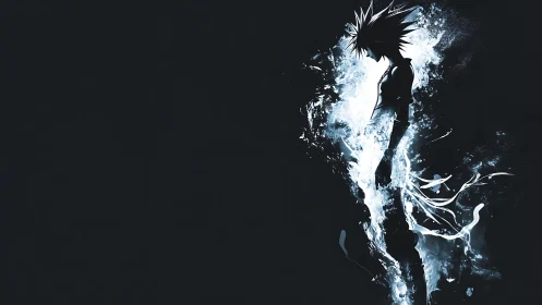 Silhouetted anime figure dissolving into white energy forms.