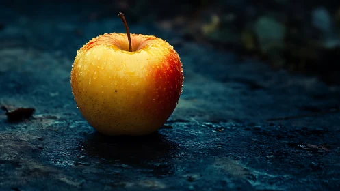 Sunlit dewy apple resting softly on a cool blue stone.