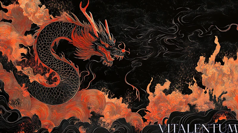 Fiery oriental dragon coiled within storming ember clouds.