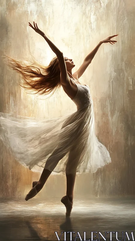 Ballet dancer in white dress on pointe against textured backdrop.