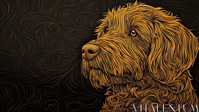 Golden line-art dog portrait set against swirling black field