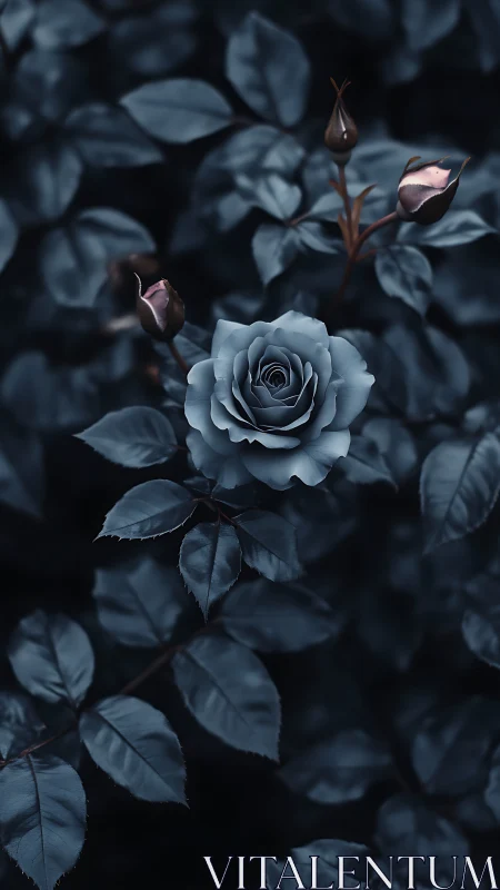Monochromatic Rose Study: Silvered Petals Against Deep Foliage.