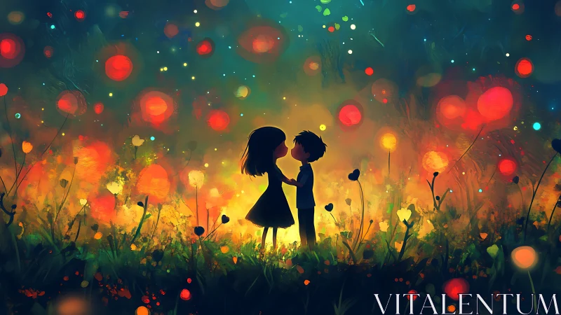 Silhouetted figures embrace amid glowing luminescent field.