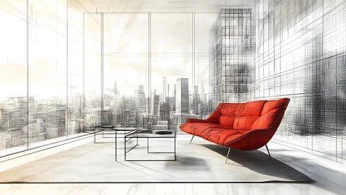 Minimalist penthouse interior with red furniture overlooking architectural sketch cityscape