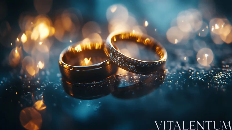Golden wedding rings glow amid dreamy bokeh lights