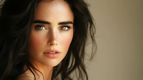 Close portrait of woman with loose dark hair and gaze.