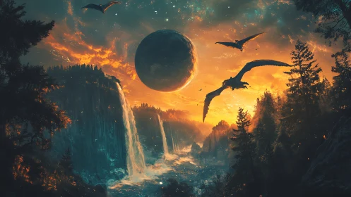 Draconic silhouettes over twin falls under burning planet.