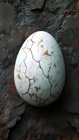 Single cracked white egg rests against rough rusted wall
